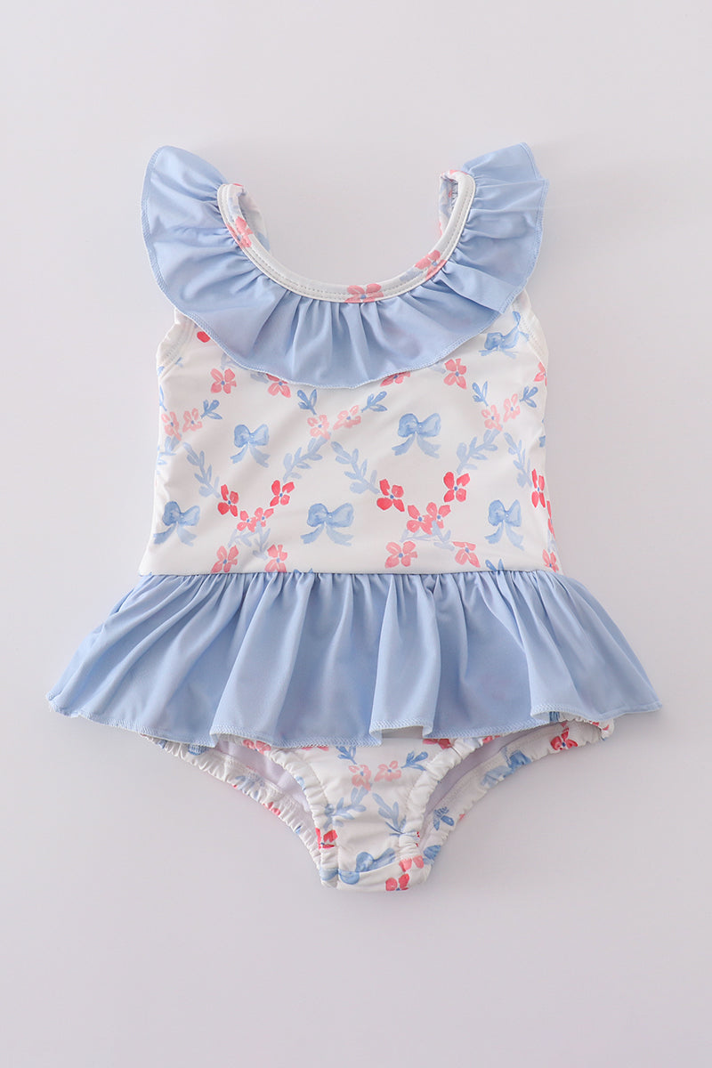 Blue bow lattice print swimsuit
