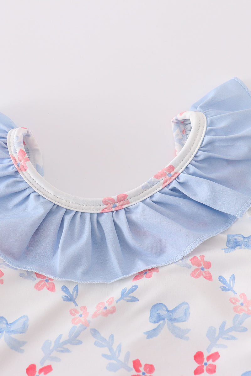Blue bow lattice print swimsuit