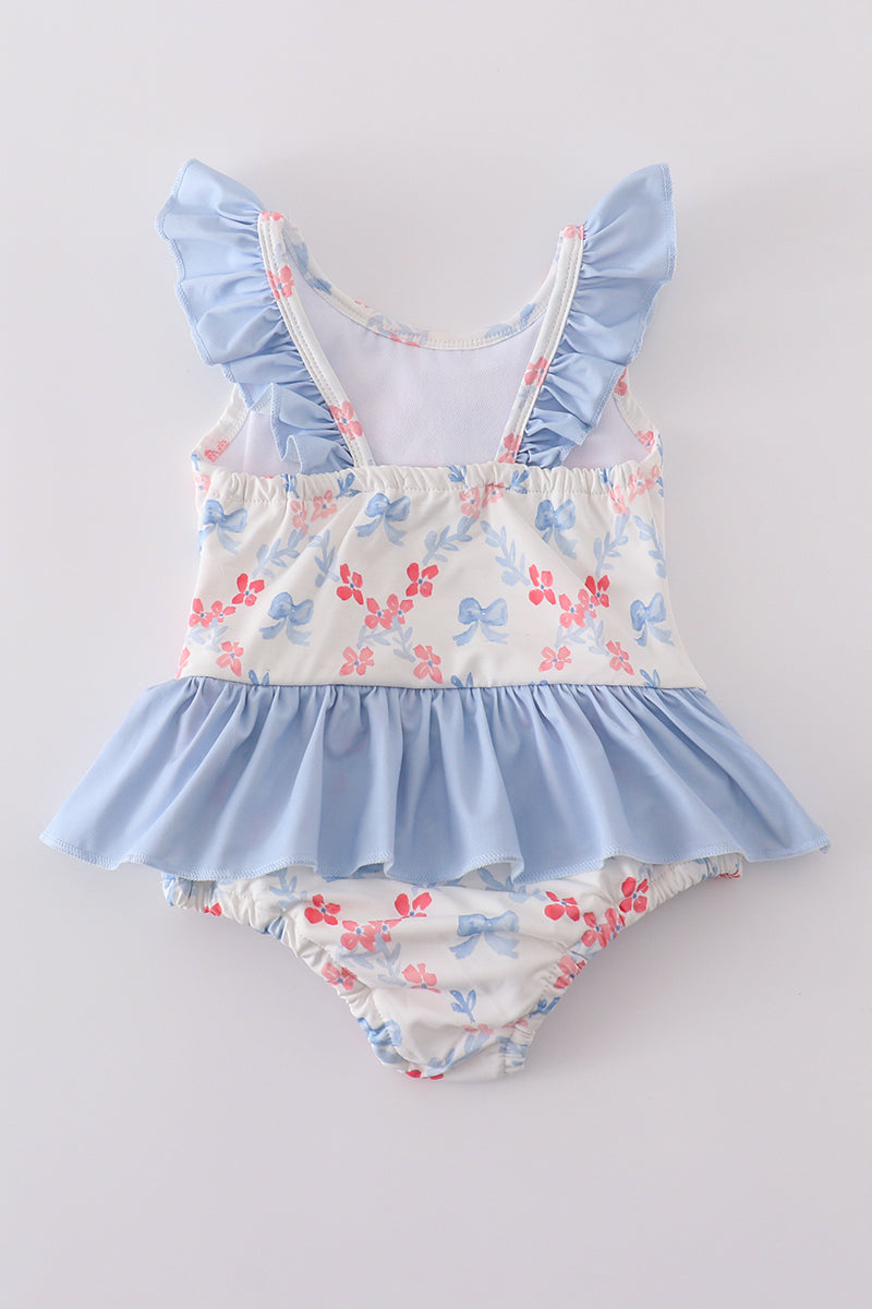 Blue bow lattice print swimsuit