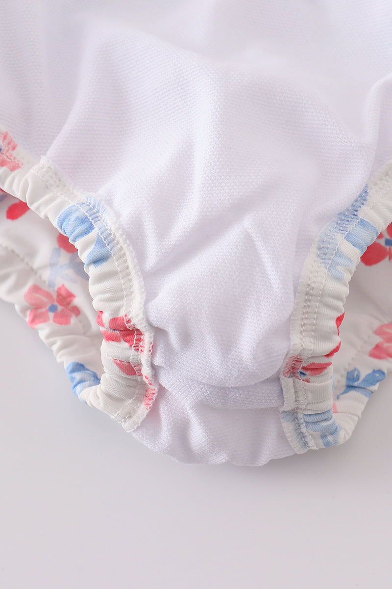 Blue bow lattice print swimsuit