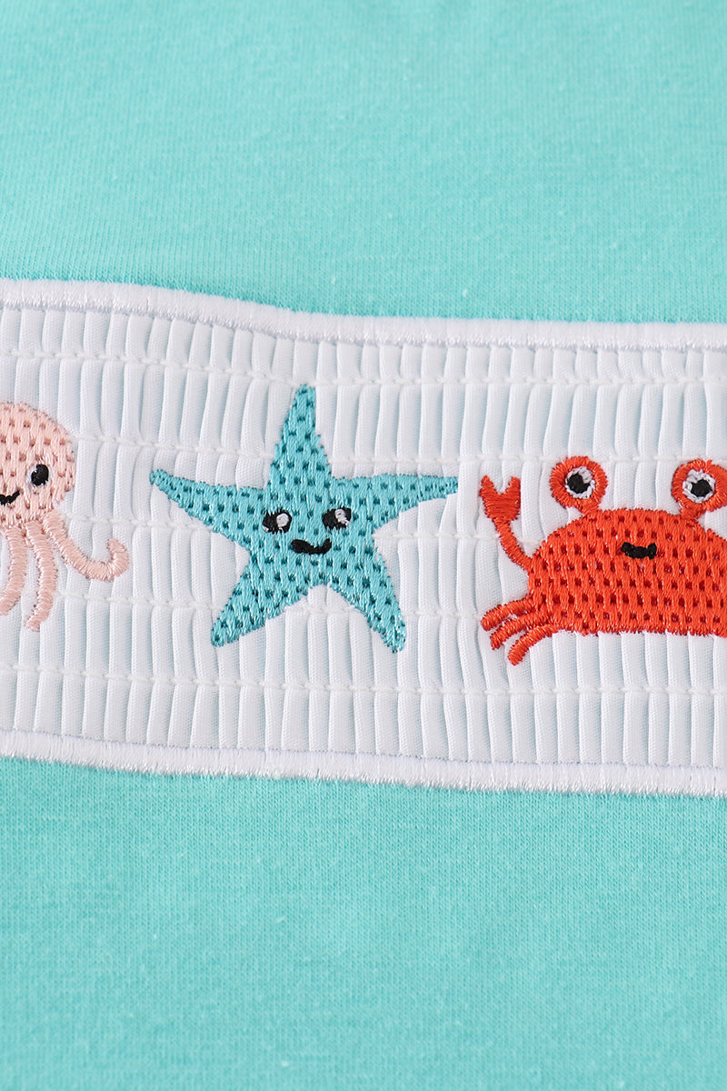 Blue marine creature embroidery smocked bubble