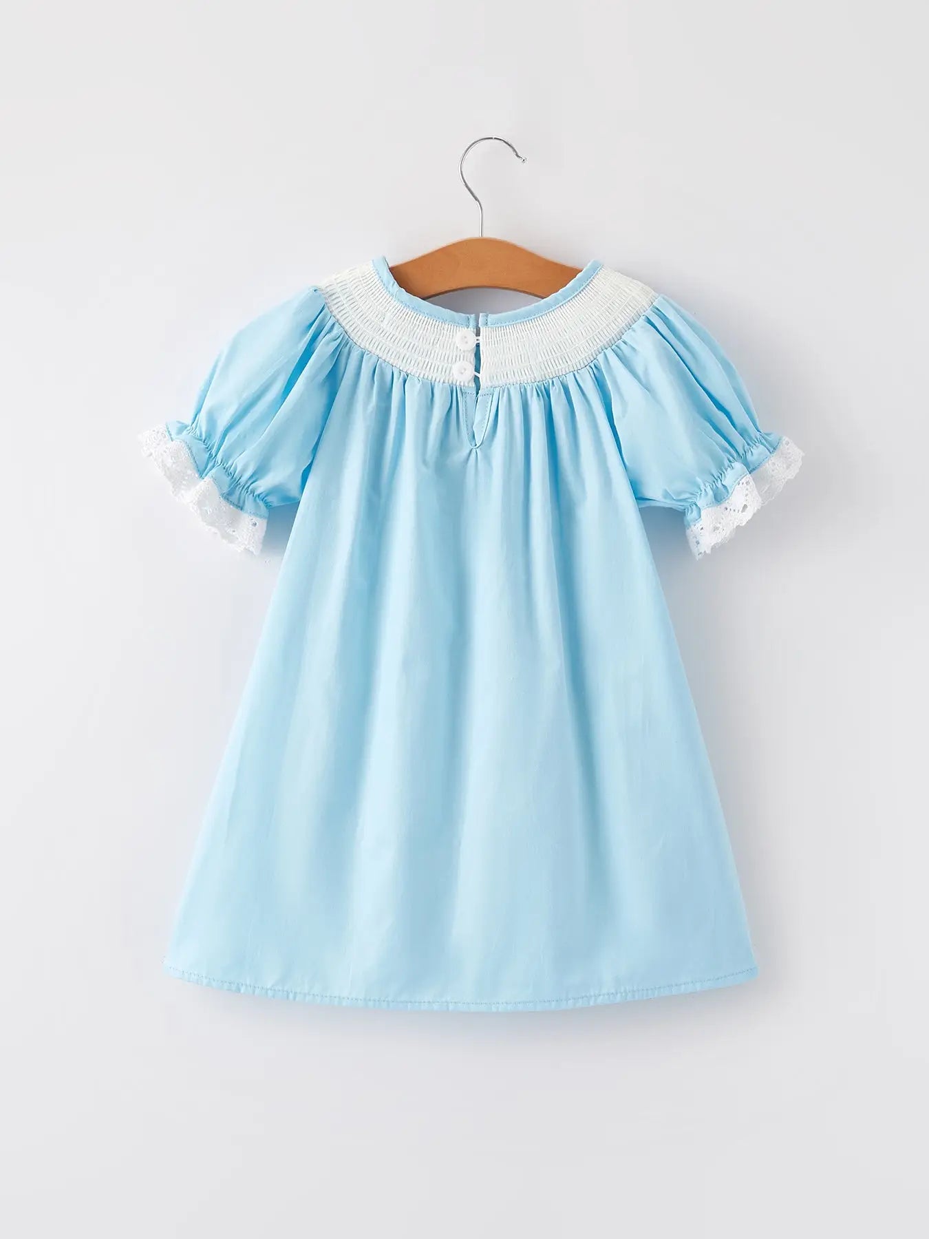 Girls Easter Bunny Smocking Embroidered Lace Cuff Blue Dress