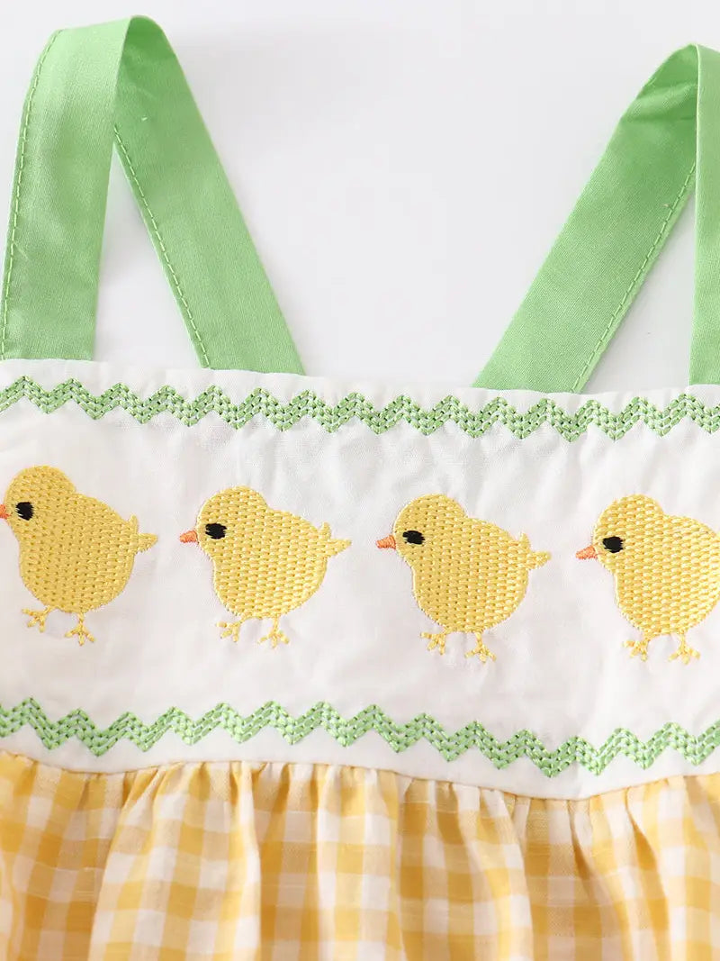 Yellow Plaid Chicken Applique Boy Romper