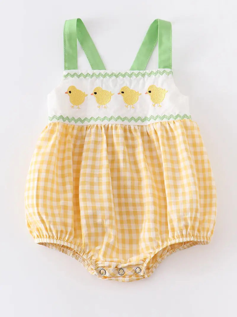 Yellow Plaid Chicken Applique Boy Romper