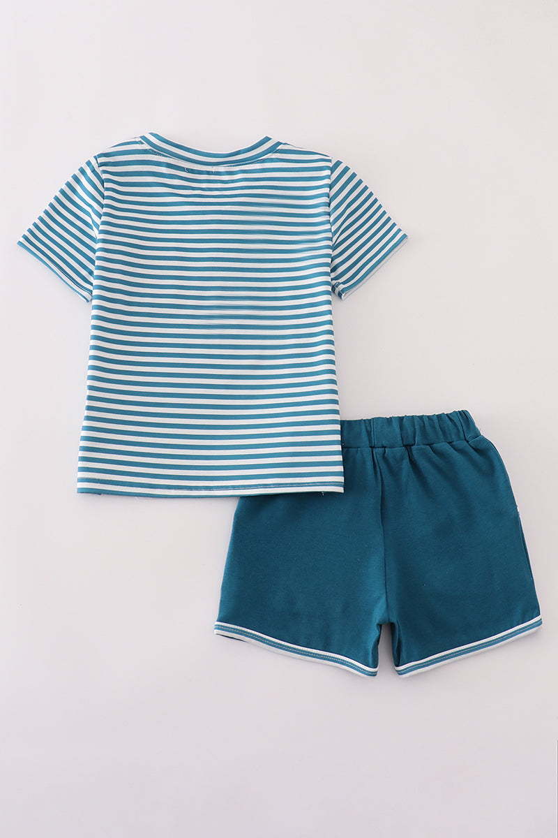Teal stripe pocket shorts set
