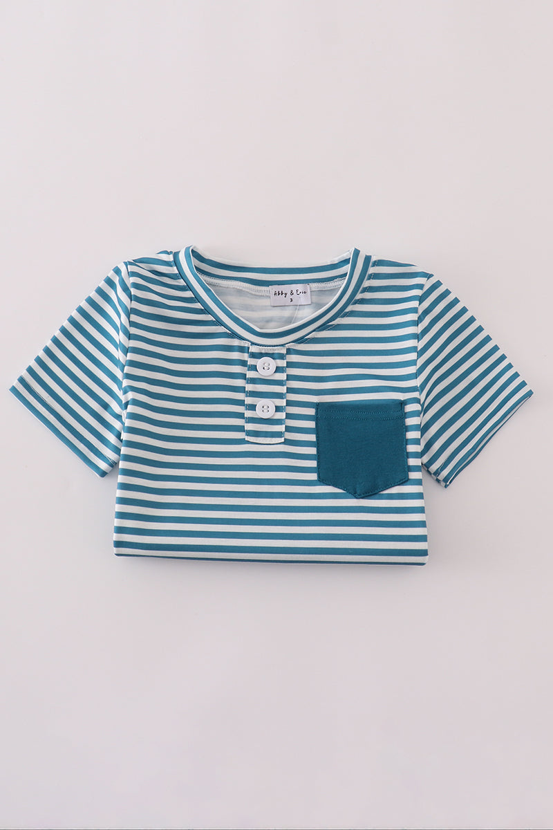 Teal stripe pocket shorts set