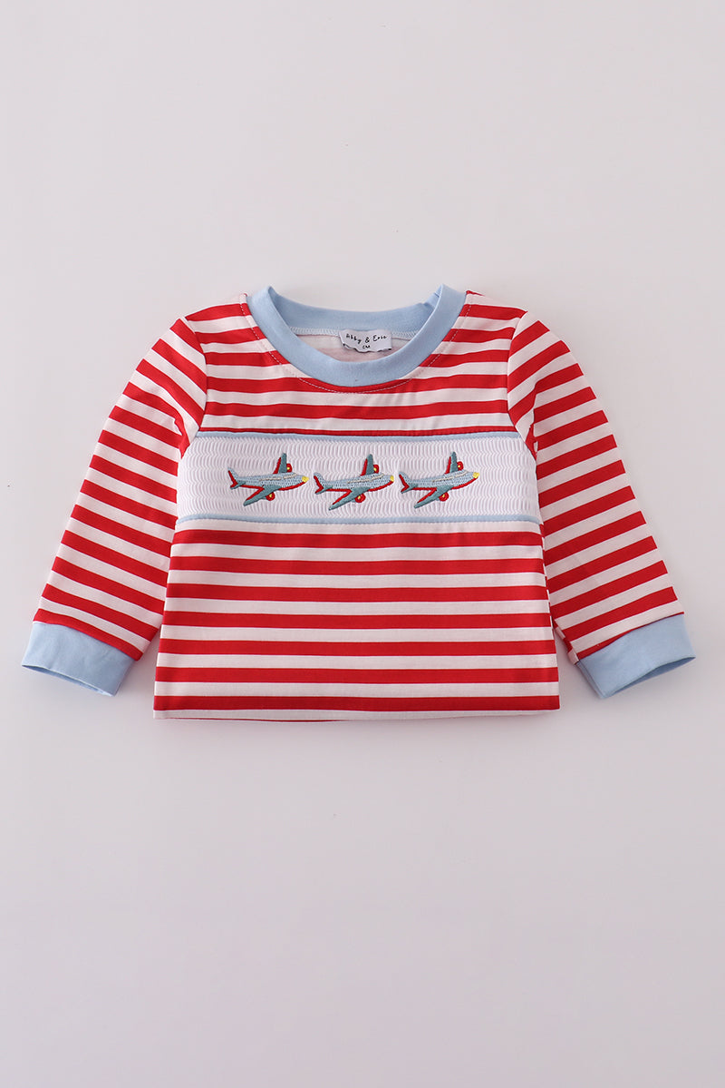 Red airplane embroidery stripe romper
