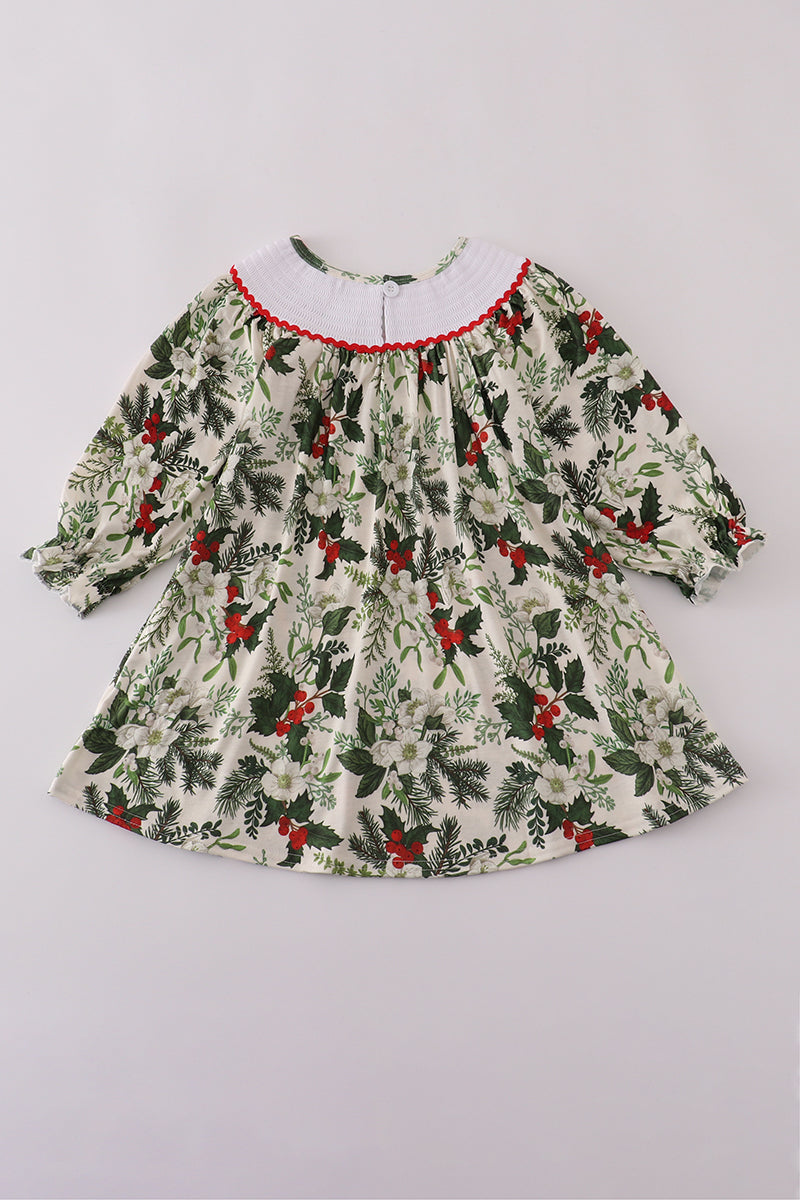 Green holly floral smocked dress