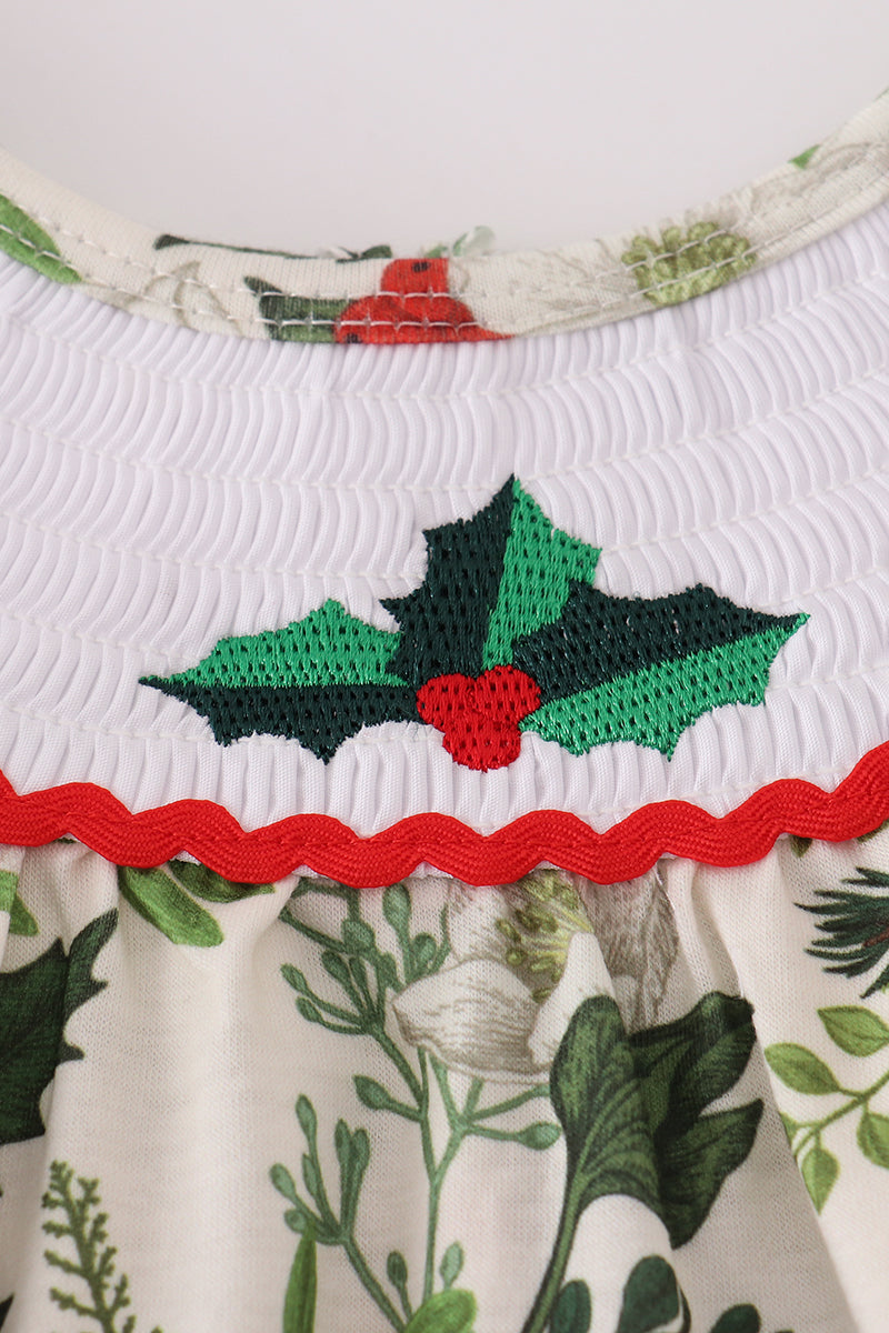 Green holly floral smocked dress