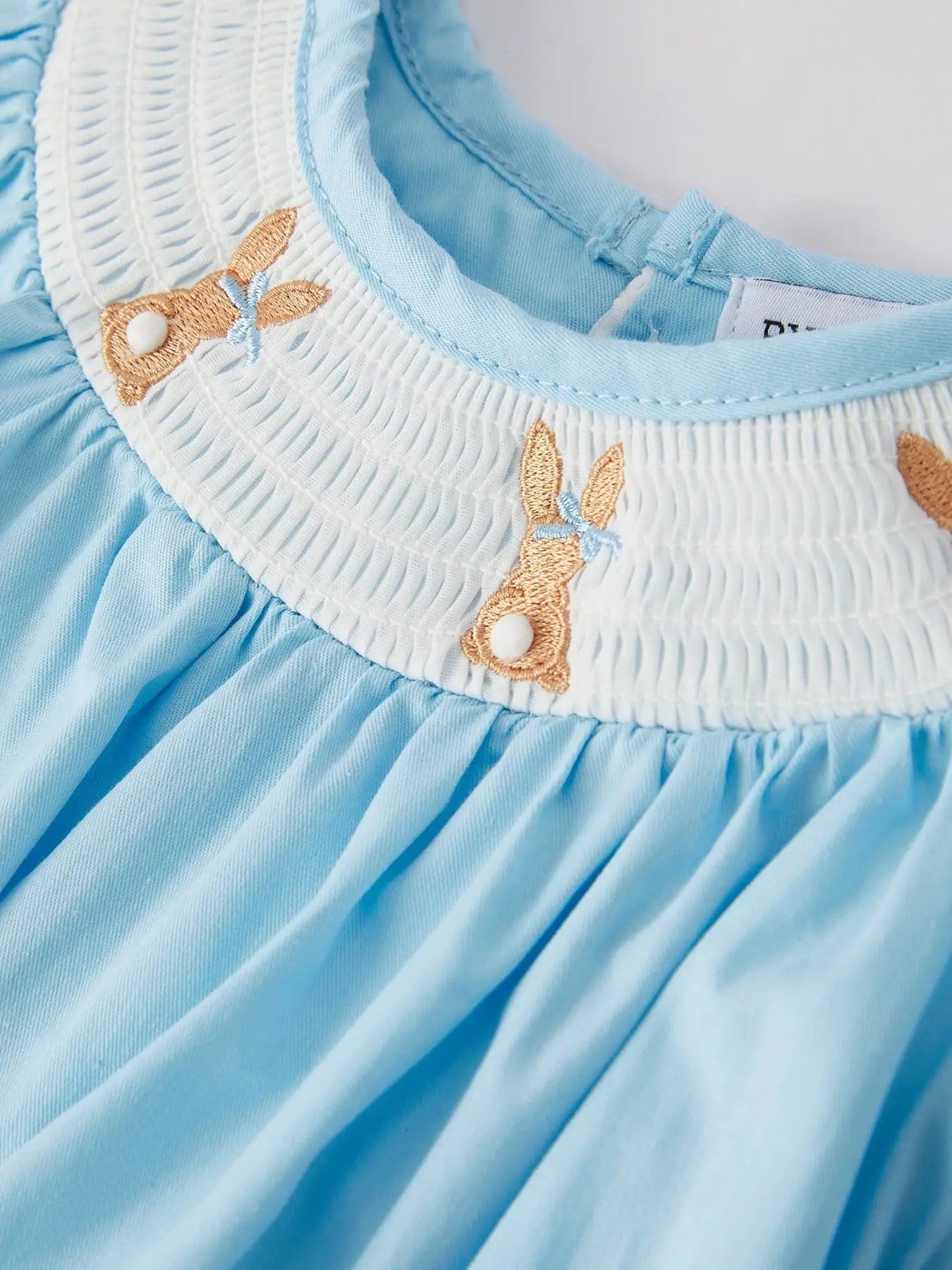 Girls Easter Bunny Smocking Embroidered Lace Cuff Blue Romper