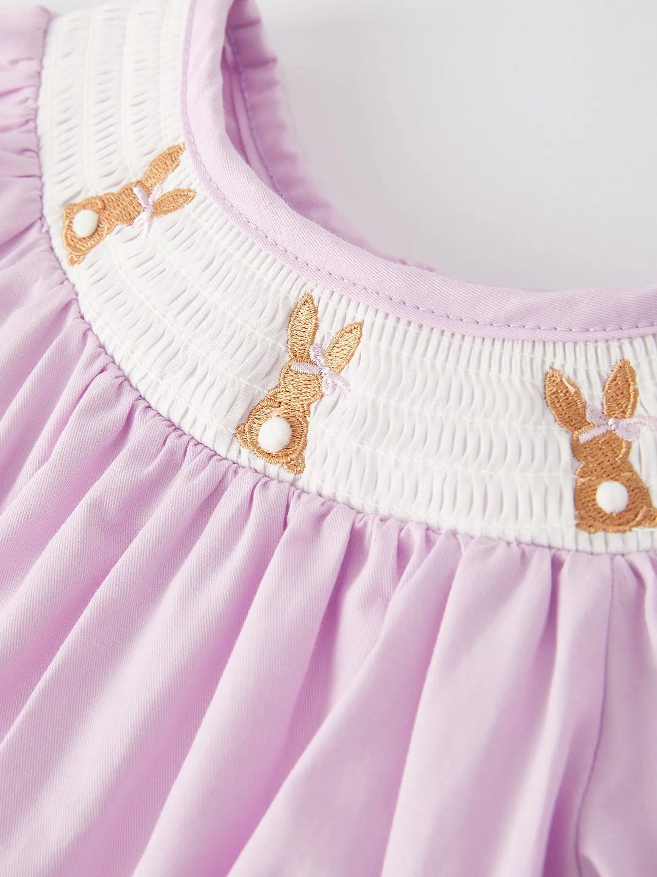 Girls Easter Bunny Smocking Embroidered Lace Cuff Purple Romper