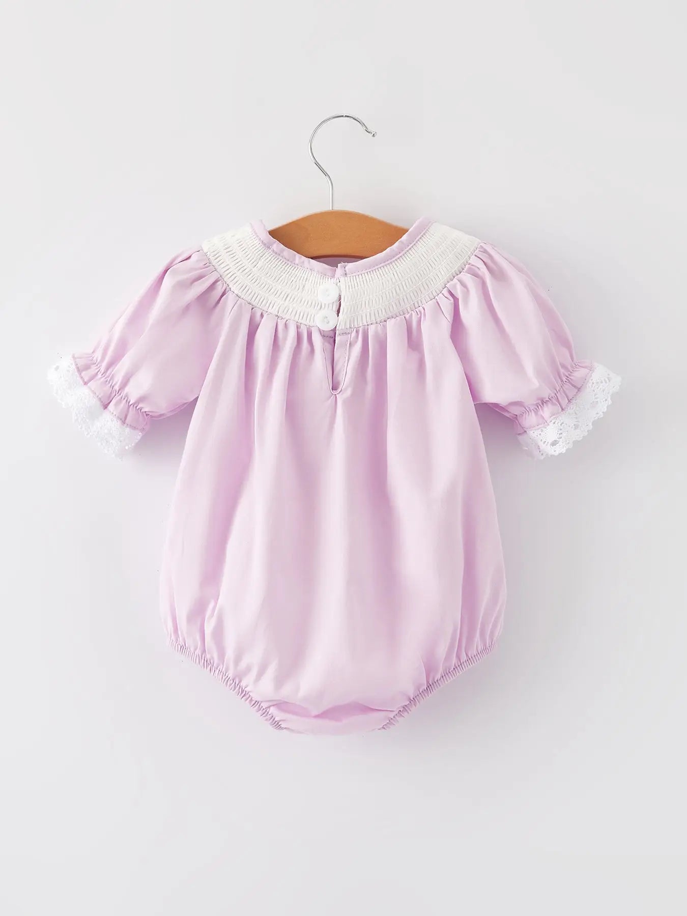Girls Easter Bunny Smocking Embroidered Lace Cuff Purple Romper