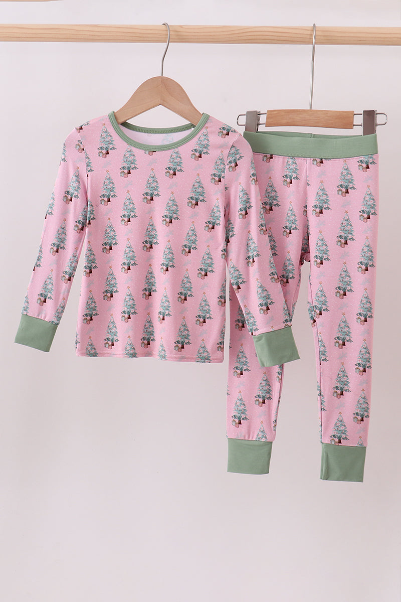 Pink christmas tree bamboo pants set