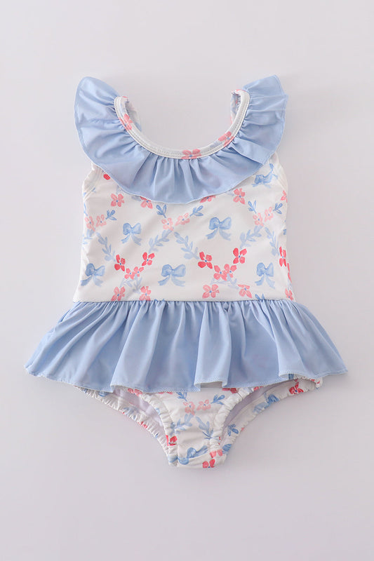 Blue bow lattice print  swimsuit