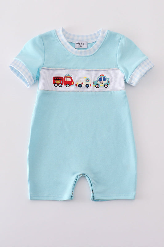 Blue fire truck police car embroidery smocked romper