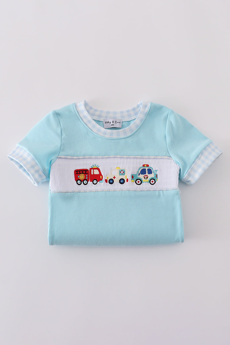 Blue fire truck police car embroidery smocked romper