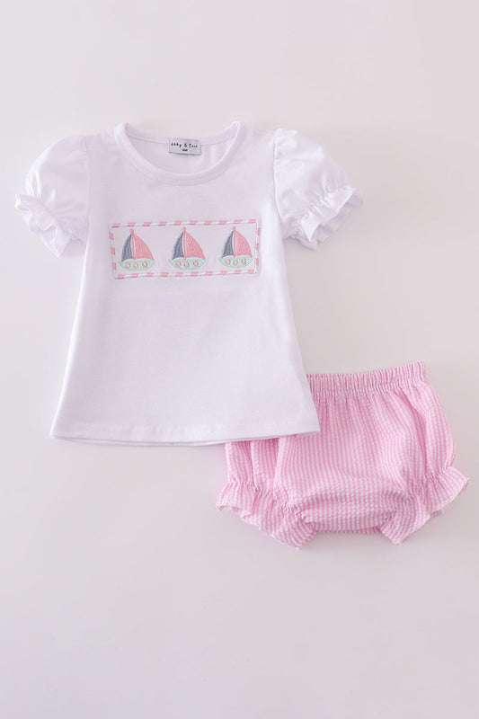 Pink stripe seersucker sailboat embroidery bloomer set