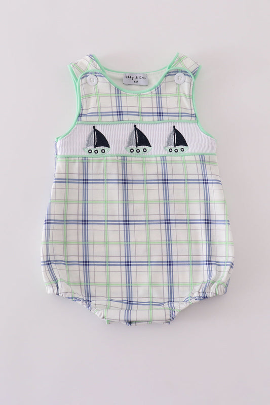 Green seersucker sailboat embroidery smocked bubble