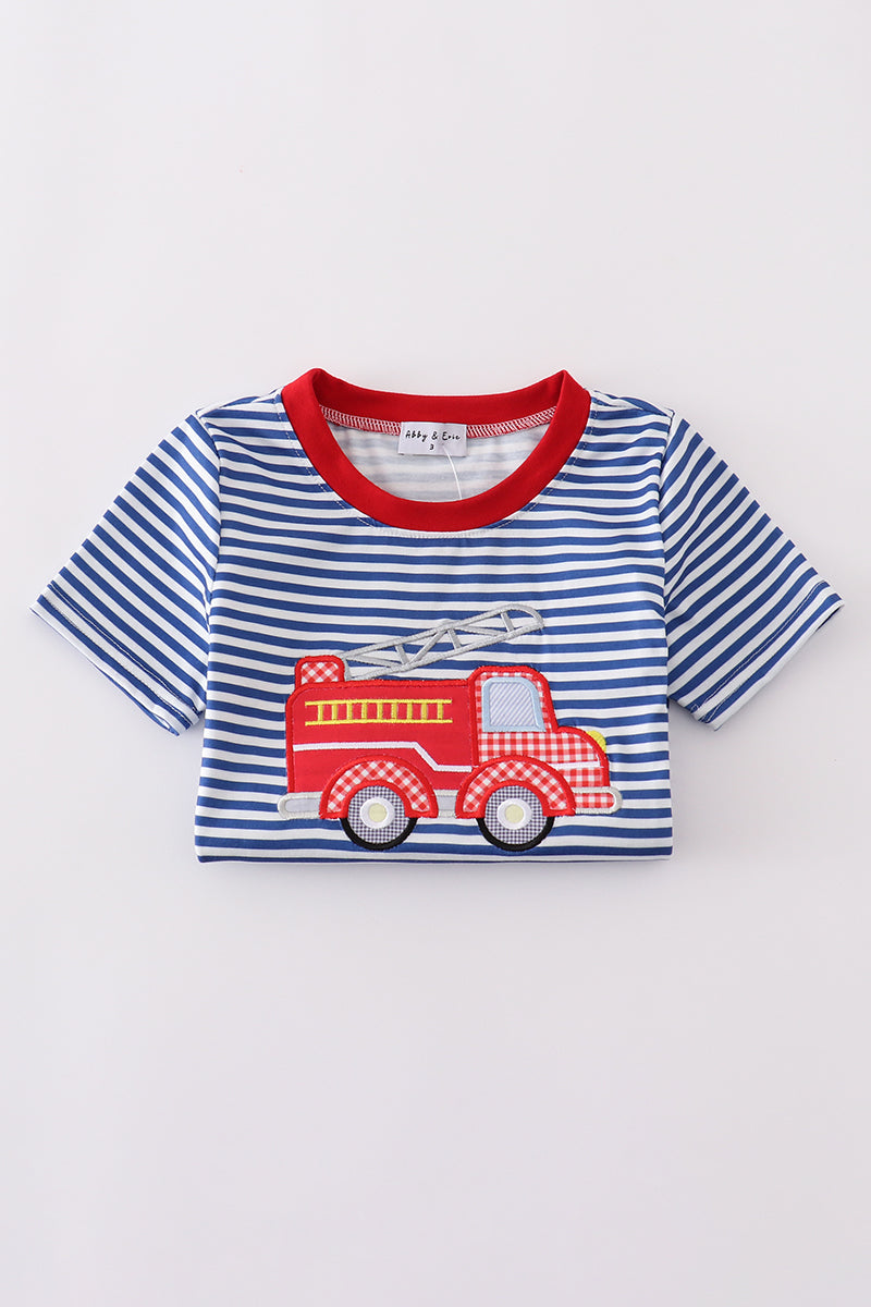 Blue stripe fire truck applique top