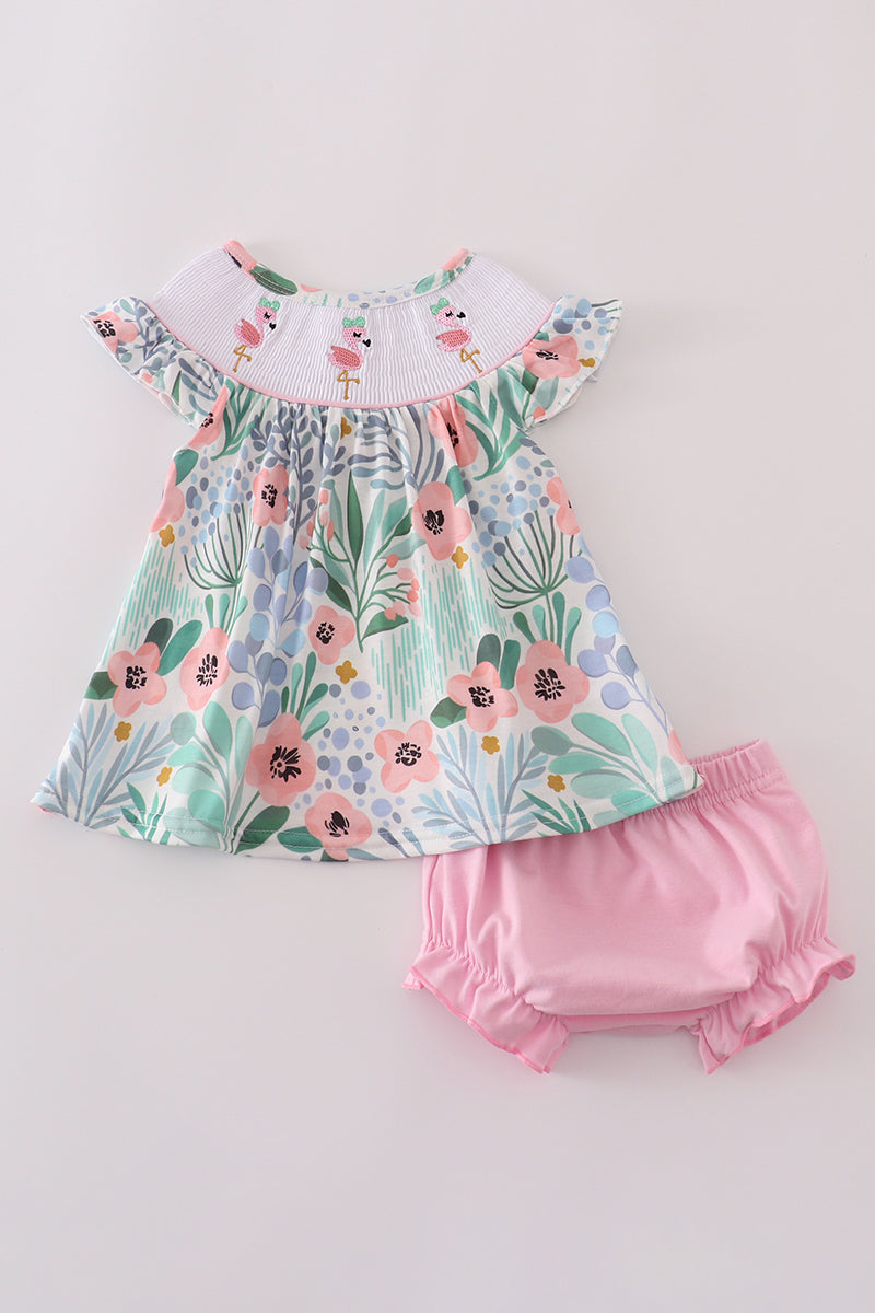 Floral flamingo embroidery smocked bloomer set