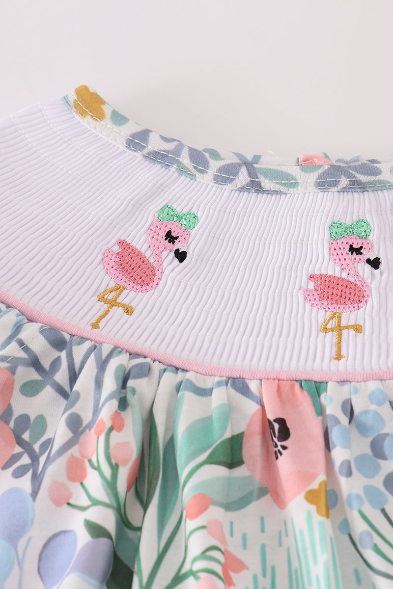 Floral flamingo embroidery smocked bloomer set