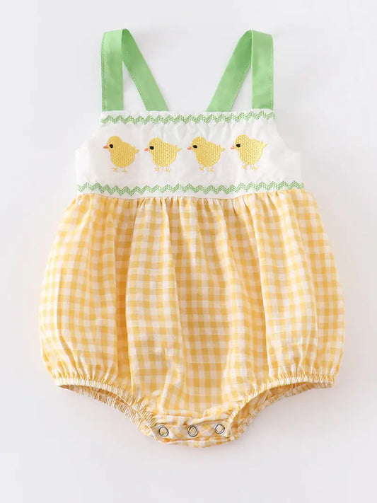 Yellow Plaid Chicken Applique Boy Romper