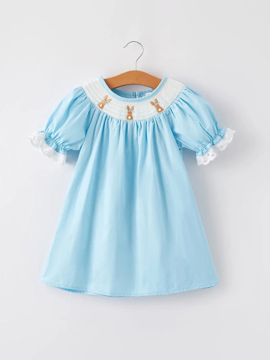 Girls Easter Bunny Smocking Embroidered Lace Cuff Blue Dress