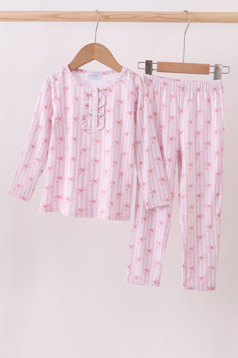 Premium blush bow stripe print bamboo pants set