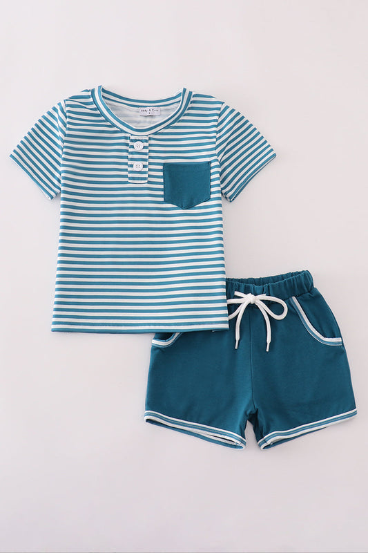 Teal stripe pocket shorts set