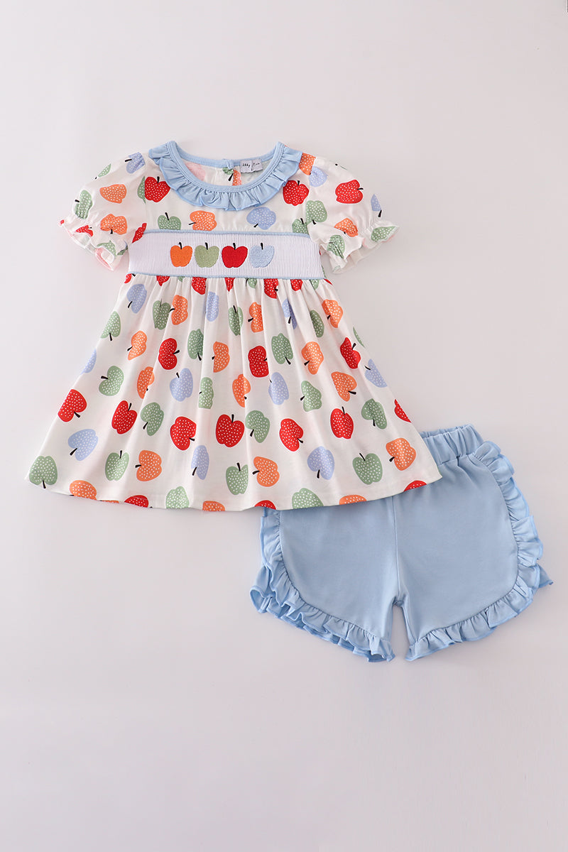 Blue apple embroidery smocked ruffle shorts set