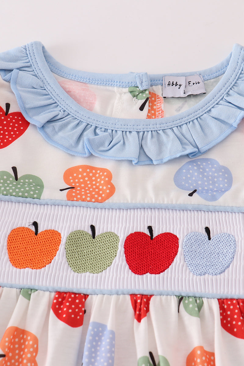 Blue apple embroidery smocked ruffle shorts set
