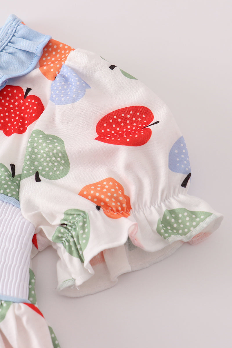 Blue apple embroidery smocked ruffle shorts set