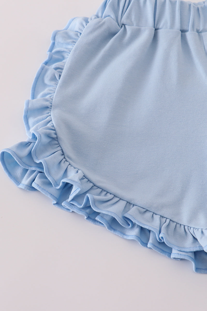 Blue apple embroidery smocked ruffle shorts set