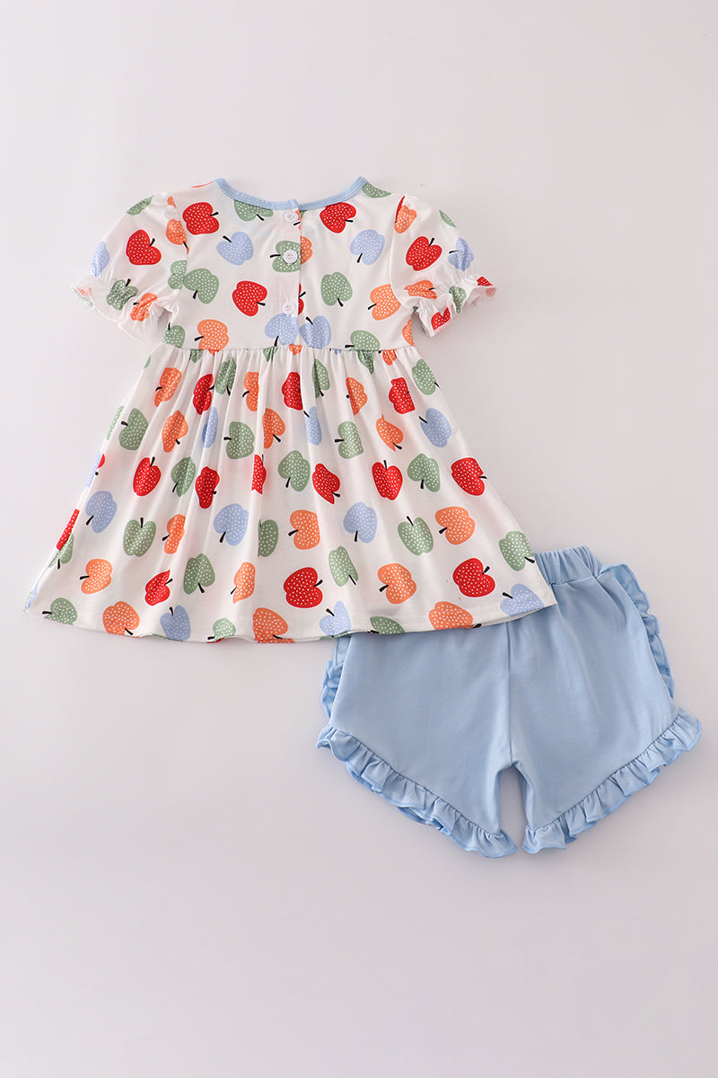 Blue apple embroidery smocked ruffle shorts set