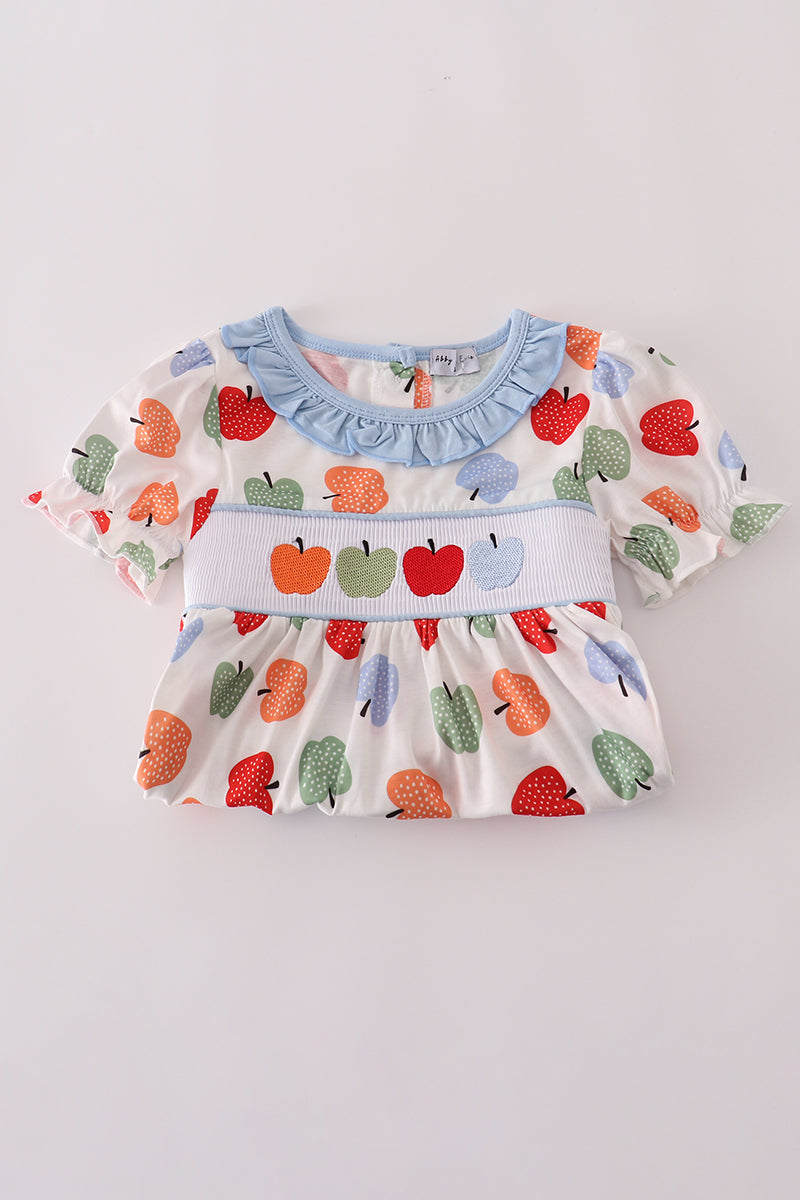 Blue apple embroidery smocked ruffle shorts set