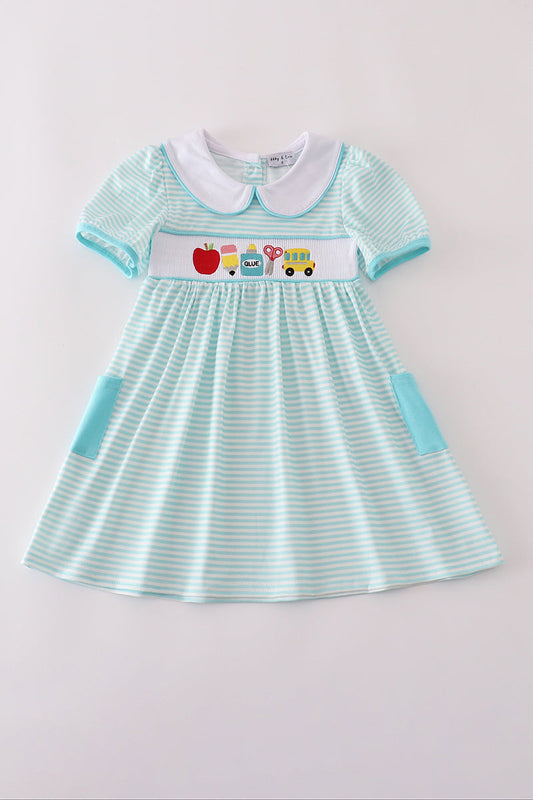 Blue apple pencil bus embroidery smocked stripe dress