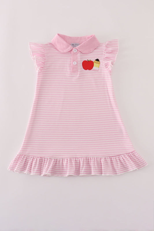 Pink stripe apple applique ruffle button down dress