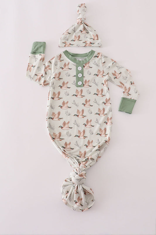 Green duck print bamboo gown