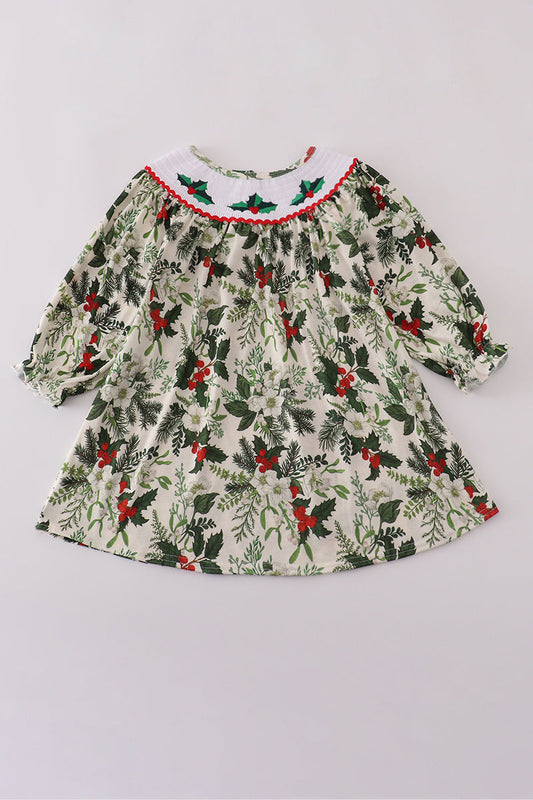 Green holly floral smocked dress
