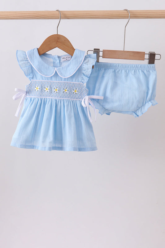 Blue floral smocked jacquard ruffle bloomer set