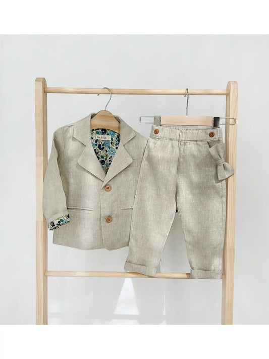 Boys Formal Suit Blazer+Pants 4pc Cotton Linen Casual Set
