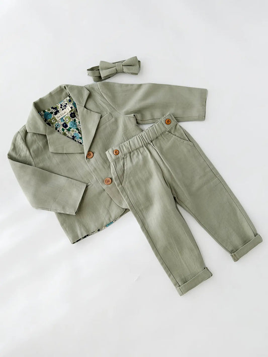 Boys Formal Suit Blazer+Pants 4pc Cotton Linen Casual Set